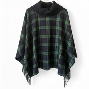 Talbots Wool Blend Plaid Poncho with Fringe NWT